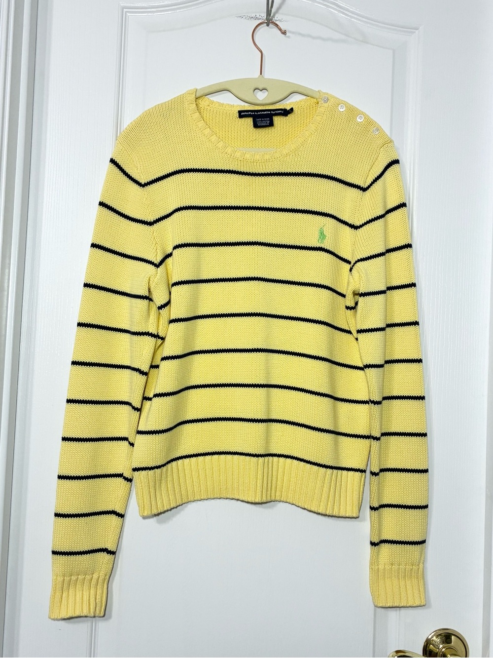 VTG Ralph Lauren Sport Button Detail Striped Crewneck Sweater Yellow Navy Large